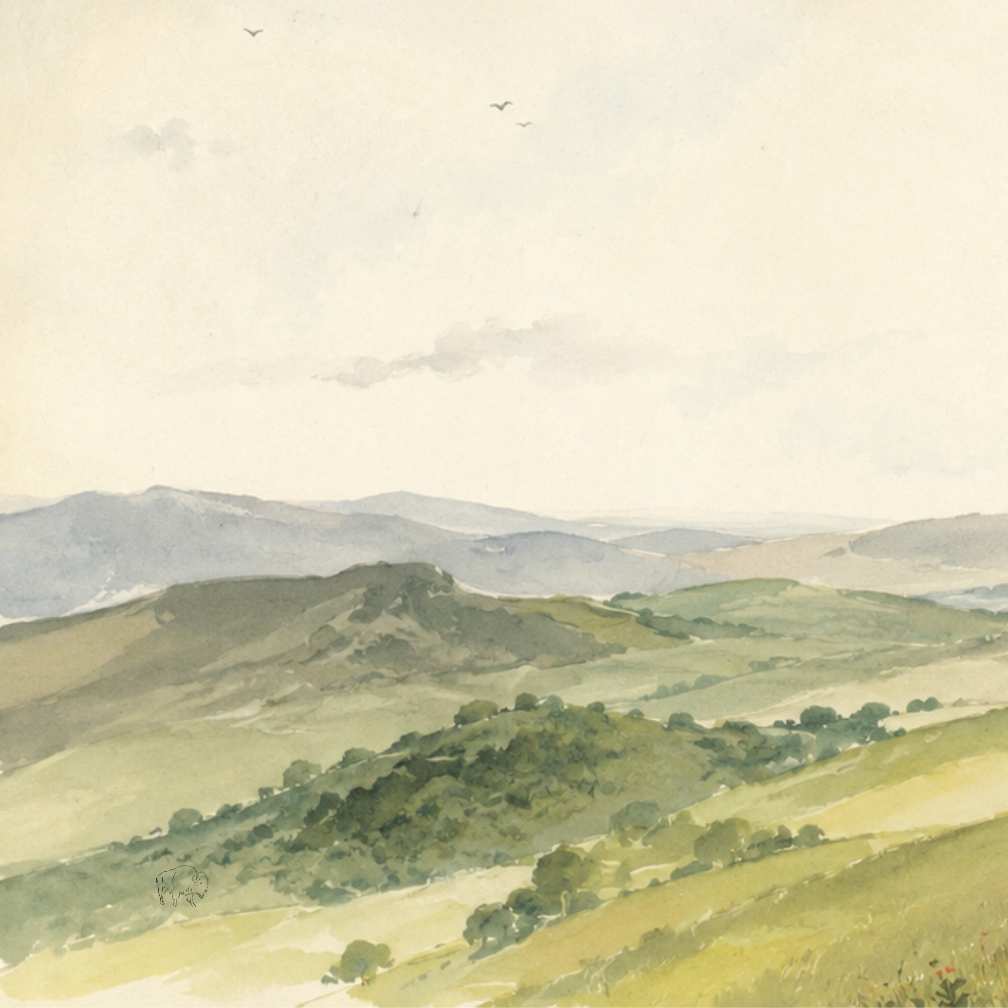 Paisaje de montañas pintado en acuarela